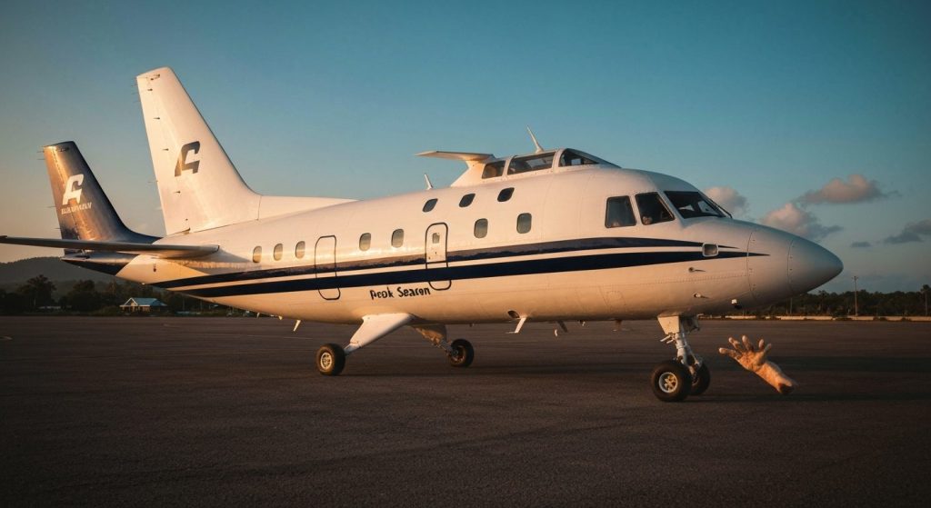 aircraft availability labuan bajo peak season — Photorealistic editorial travel photograph relevant to: The exact-match