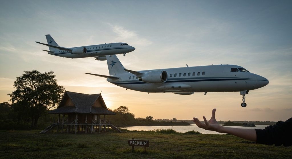 private jet vs commercial flight to labuan bajo — Photorealistic editorial travel photograph relevant to: The exact-matc